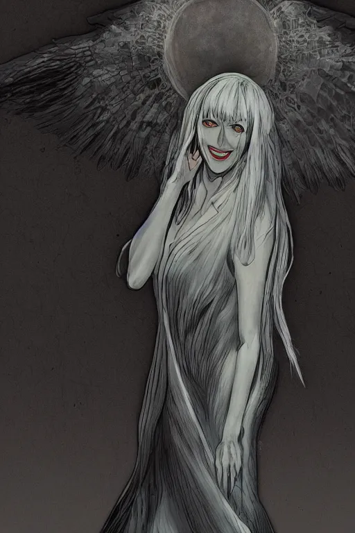 Image similar to angel of death smiling in the dark night, 3 d rendered digital art, by junji ito, sui ishida