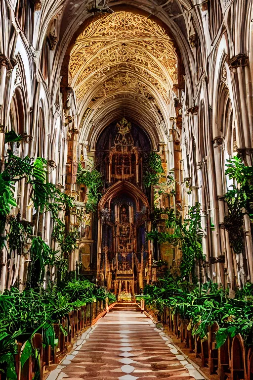 Image similar to photo inside a cathedral overgrown by lush plants, ornate highly detailed intricate