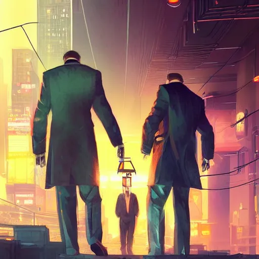 Image similar to bbusinessmen holding a briefcase, detailed digital illustration by greg rutkowski, cyberpunk back alley, nighttime, colorful lighting, android netrunner