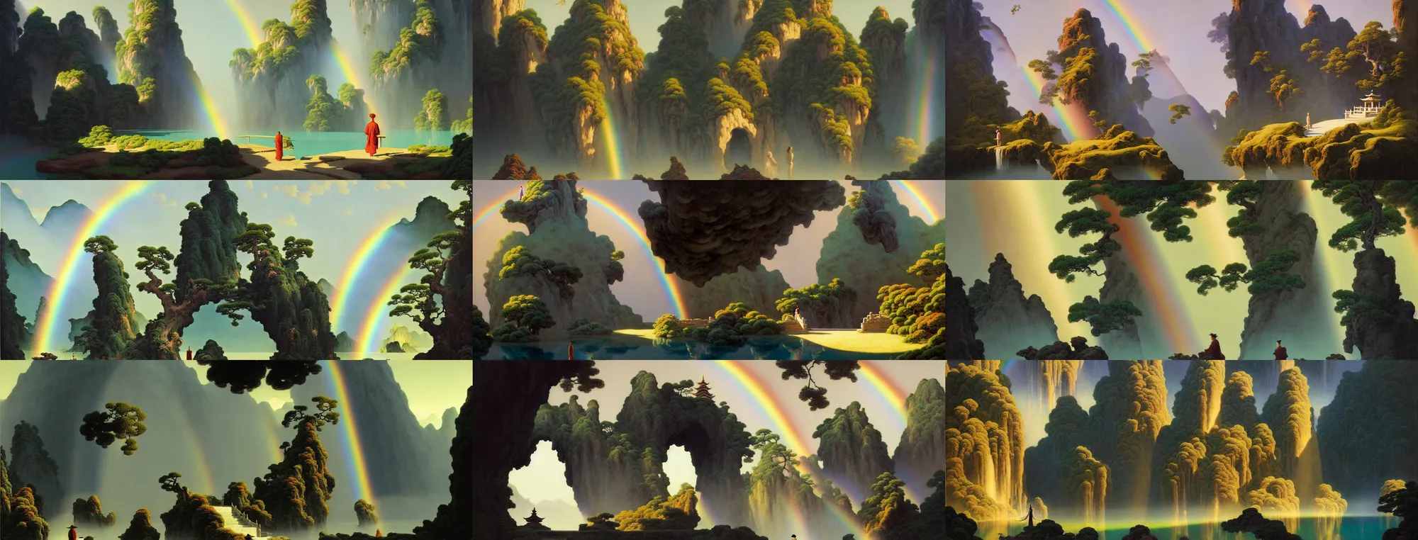 Image similar to a gorgeous landscape painting by barlowe wayne, maxfield parrish and marco mazzoni. chinese temple. sunny morning. a lonely chinese wuxia walks on the winding stone steps, stone gate to the dark cave, 3 d, octane render, turbulent lake, waterfall. fog, just one rainbow. 8 k.