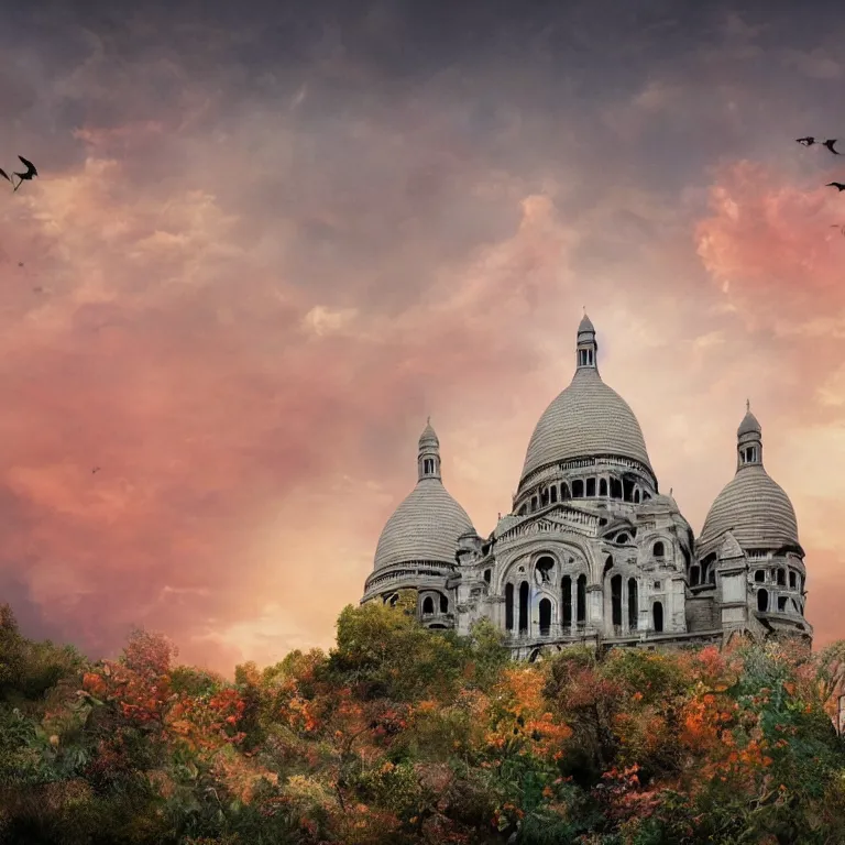 Image similar to abandoned Basilica of Sacré Coeur de Montmartre, toxic orange and pink clouds strain the sunlight, stark contrasting lighting, contrejour, a two-headed mutated deer-like creature looks on in the distance from the sparse twisted silhouetted foliage, a highly detailed colorful matte painting by Scott Listfield and Mikko Lagerstedt, featured on Artstation, Unreal Render, 8k HDR, fisheye