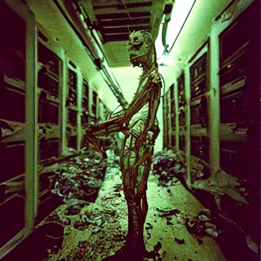 Image similar to “ugly filthy gross fleshy raw meat insectoid cybernetic mummy horse standing in a filthy dirty small server room filled with garbage and networking cables. David Cronenberg. Body horror style. 35mm.”