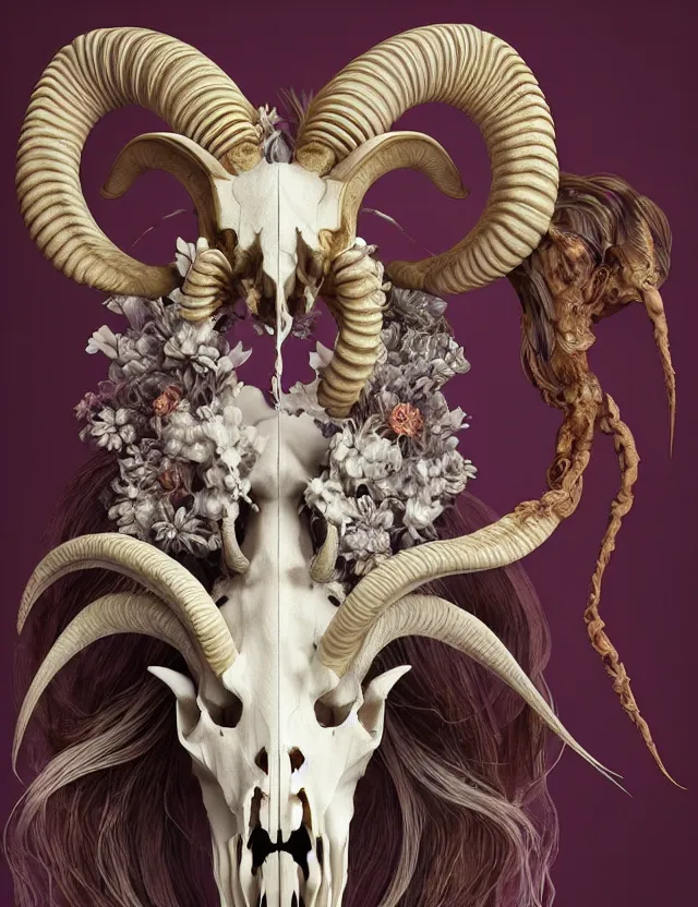 Prompt: 3 d goddess goat skull half - turn portrait with long hair with ram skull. beautiful intricately detailed japanese crow kitsune mask and clasical japanese kimono. betta fish, jellyfish phoenix, bio luminescent, plasma, ice, water, wind, creature, artwork by tooth wu and wlop and beeple and greg rutkowski