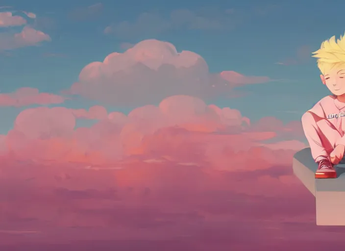 Image similar to a little boy with blonde hair sitting on a cloud in front of a pink and blue sunrise sky. clean cel shaded vector art. shutterstock. behance hd by lois van baarle, artgerm, helen huang, by makoto shinkai and ilya kuvshinov, rossdraws, illustration, art by ilya kuvshinov