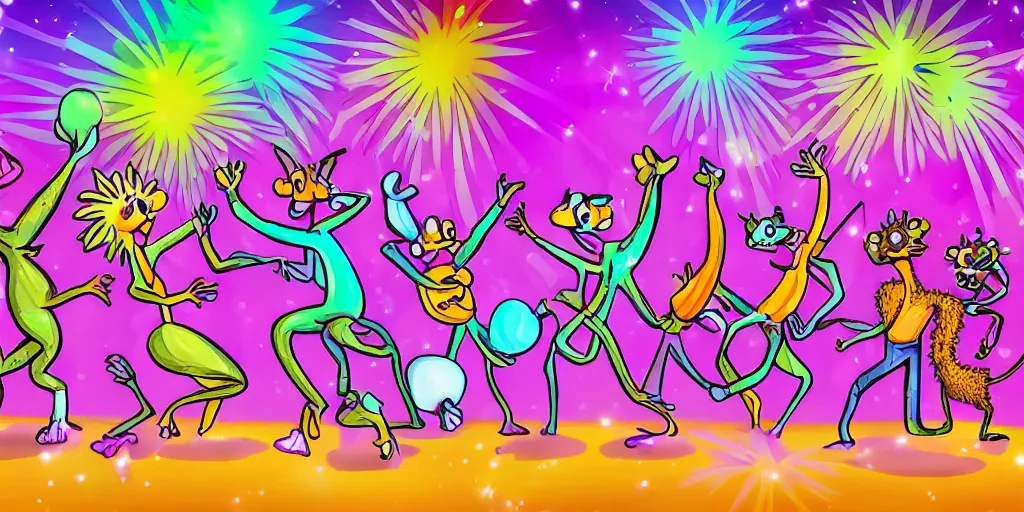 Prompt: a purple lemur dancing in a disco with other colorful lemurs in the background, cartoon artstyle