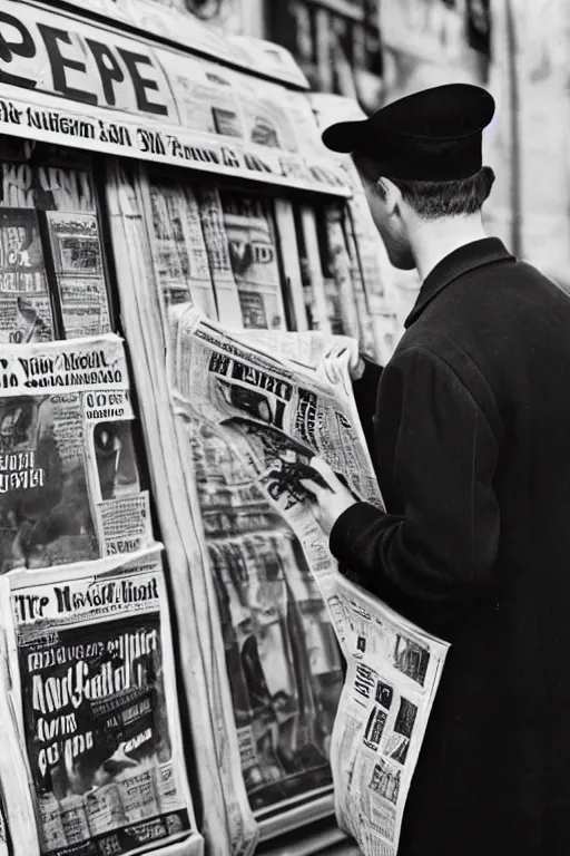 Image similar to a 5 0's detective, buying newspaper at the newsstand