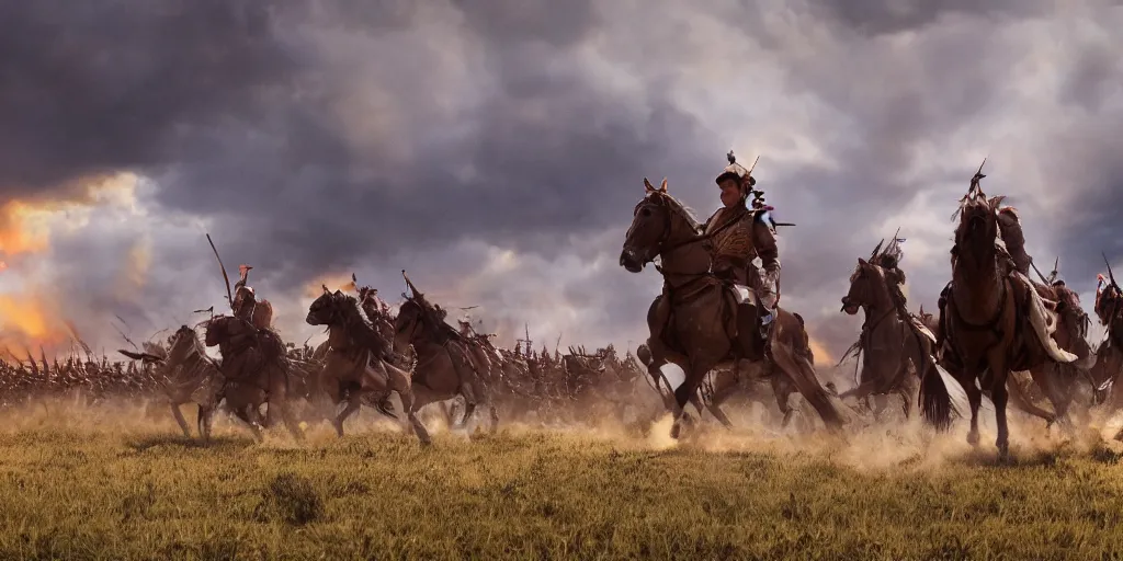 Image similar to promotional movie still rendered in octane, of an action shot from the battle of little bighorn, custer's last stand, majestic action, focusing on the offset center of the scene, intense dramatic hdr, natural light, cinematic lighting, extremely high detail, photorealistic, imax 7 0 mm, iso 4 0 0, 8 k, 4 k, hq