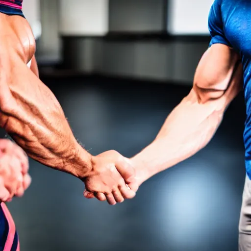 Image similar to two muscular menshaking hands in a way that looks like they are arm wrestling. sigma 8 5 mm f / 1. 4