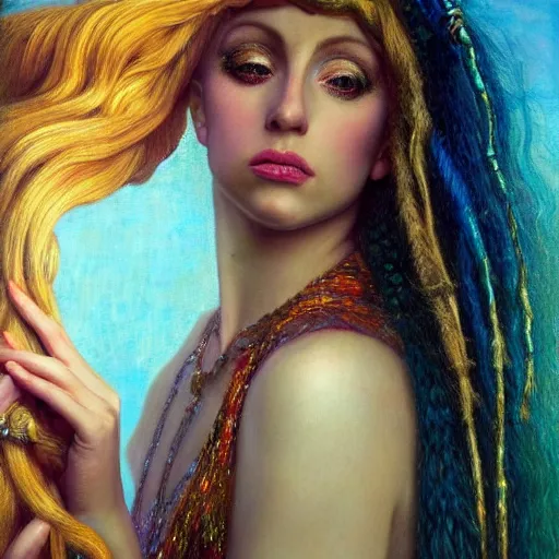 Image similar to photo realistic, hyper realism, lady gaga artpop act ii album, intricate detail, hyper detail, gaston bussiere, sandro botticelli style, with neon aqua rapunzel dreadlocks, detailed, masterpiece, sharp focus,