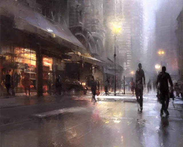 Prompt: detailed street scene, volumetric lighting, painting by jeremy mann