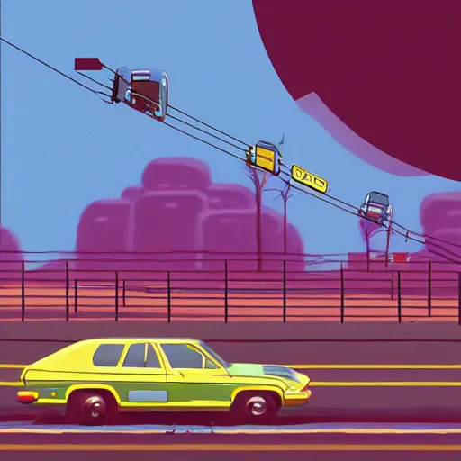 Image similar to car chase in the style of simon stalenhag