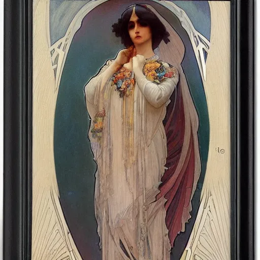 Image similar to a beautiful female necromancer raising the dead by alphonse mucha by jules joseph lefebvre