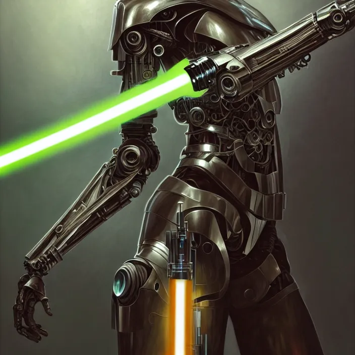 Image similar to organic cyborg, lightsaber held in left hand, diffuse lighting, fantasy, intricate, elegant, highly detailed, lifelike, photorealistic, digital painting, artstation, illustration, concept art, smooth, sharp focus, art by John Collier and Albert Aublet and Krenz Cushart and Artem Demura and Alphonse Mucha