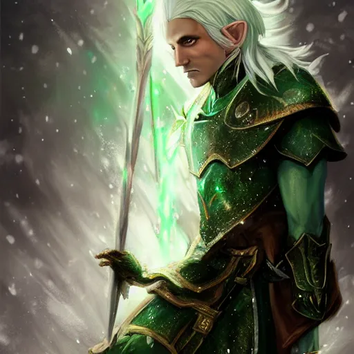 Image similar to High Fantasy dramatic portrait painting of a white haired male elf walking through the snow with a glowing green sword in his hand, leg high, face showing, full body, fantasy clothing, cgsociety, trending on artstation, dnd