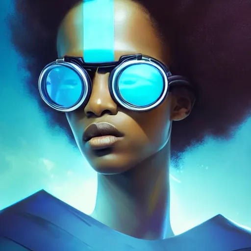 Image similar to Beautiful woman wearing opaque reflective goggles profile picture by Greg Rutkowski, brown skin, long afro hair, asymmetrical, futuristic, cool colors, streetwear, studio ghibli, Organic Painting , Matte Painting, geometric shapes, hard edges, street art, trending on the artstation, fantasy LUT, realistic by Sachin Teng,