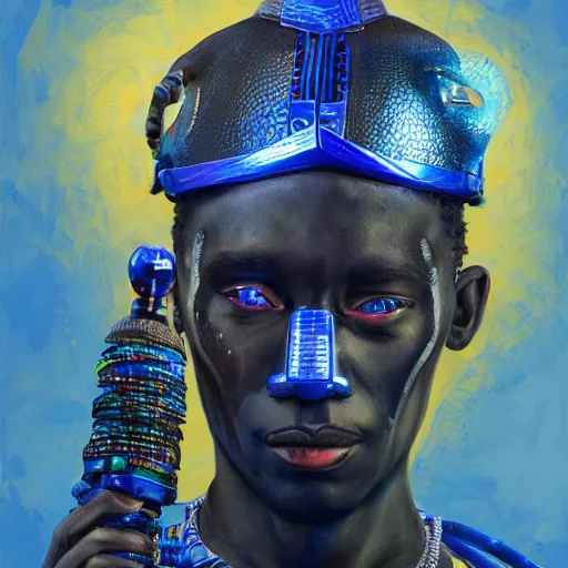 Image similar to a realistic portrait of the african god of the war and technology ogun with cyberpunk and afrofuturist weapons wearing blue, highly detailed, afrofuturist, cyberpunk, photorealistic.