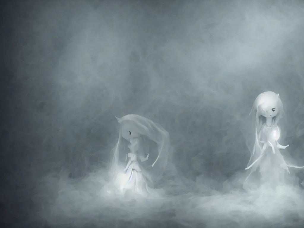 Image similar to cute fumo plush girl ghost in the haze of the murky river, smoke and volumetric fog, tattered gothic horror maiden, fallen angel, light shafts, light and shadow, vray