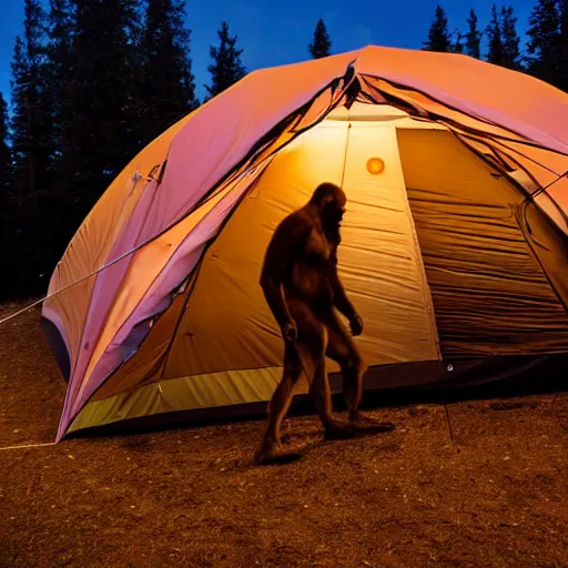 Image similar to photograph of Sasquatch approaching a tent at night 8k