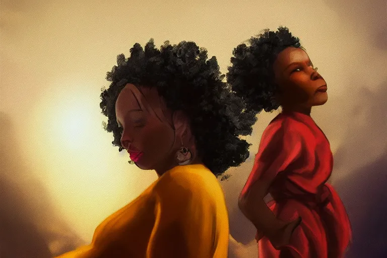 Prompt: a black woman ancestor watching her kids from the sky ( ( ( ( volumetric light ) ) ) ), high angle, part by pearl fryar, part by prince damah, cinematic, poetic, smooth, portrait, trending on artstation, cinematic view, illustration, painting.