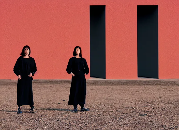 Image similar to cinestill 5 0 d closeup photographic portrait of two clones in front of a brutalist metal building, techwear women, on a desolate plain, red sky, black oversized clothes, depth of field, 4 k, 8 k, hd, full color