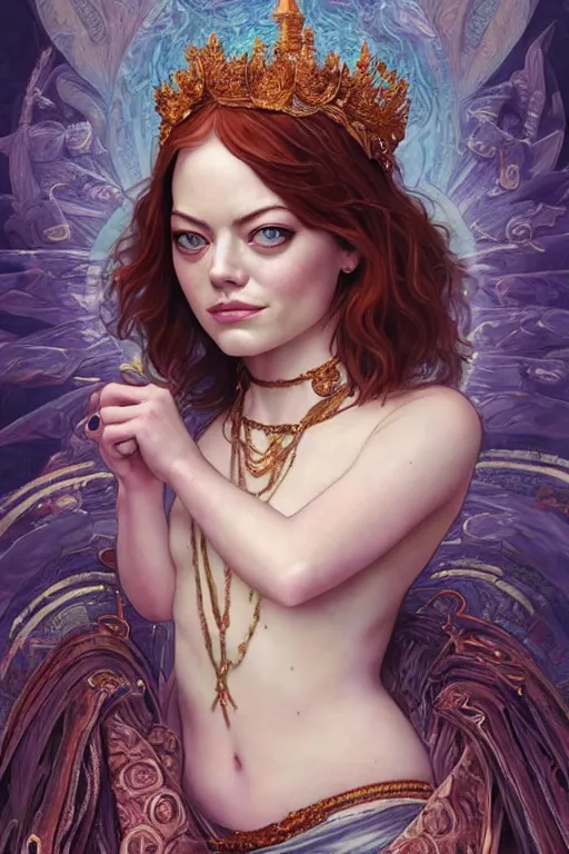 Image similar to Emma Stone as a Universal Goddess, cute, fantasy, intricate, elegant, highly detailed, digital painting, 4k, HDR, concept art, smooth, sharp focus, illustration, art by artgerm and H R Giger and alphonse mucha