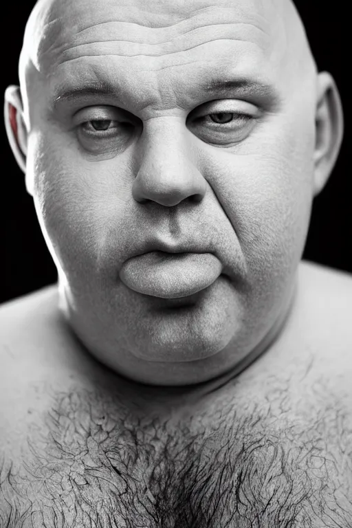 Prompt: studio portrait of man, 4 0 years, bald, obese, unshaven, homer simpson lookalike, looks like a real life version of homer simpson, soft light, black background, fine skin details, award winning photo by annie leibovitz