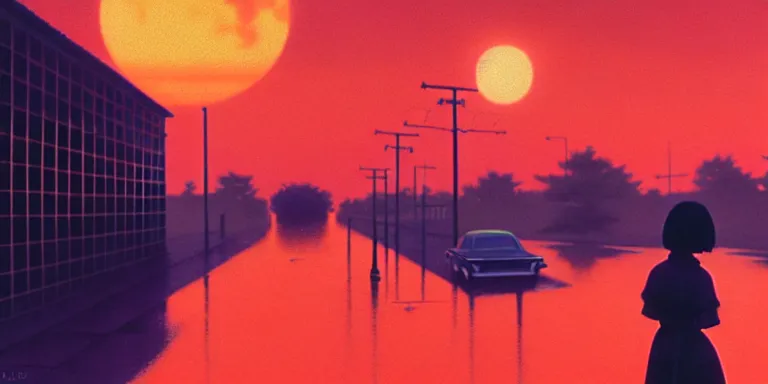 Image similar to an immaculate isometric cinematic keyframe matte painting of the silhouette of a young japanese girl standing in wide wet street 1 9 7 0 s vaporwave rust belt city at dusk with an oversized moon, just after the rain has cleared. by eric lafforgue, glennray tutor and edward hopper, greg rutkowski. trending on artstation.