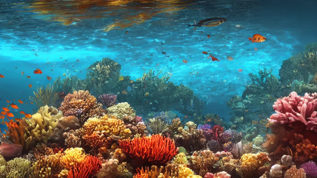 Image similar to The Australian barrier reef as seen from underwater with lots of fish, very very very beautiful scenery, hd, hdr, ue5, ue6, unreal engine 5, cinematic 4k wallpaper, 8k, ultra detailed, high resolution, artstation, award winning