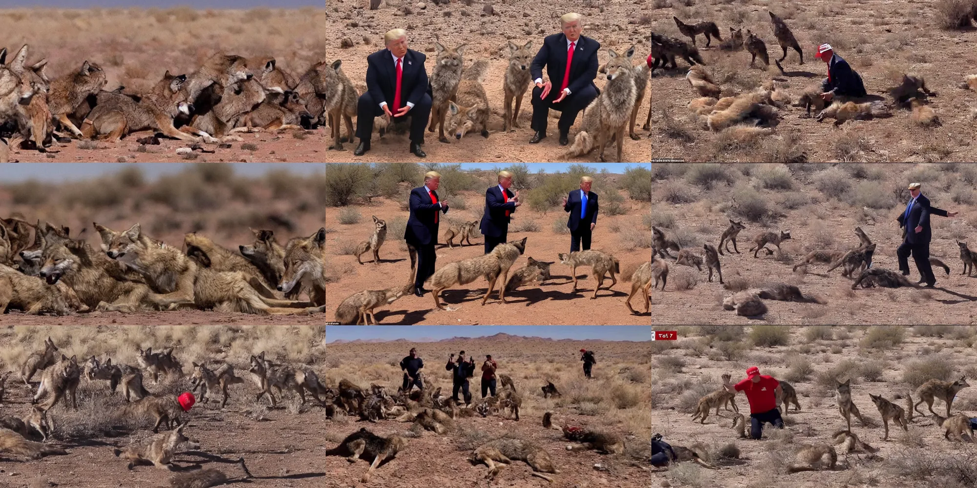 Prompt: bodycam footage of donald trump getting mangled by a pack of coyotes in the desert, blood and bone, ground red meat