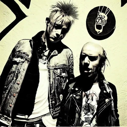 Prompt: punks not dead!, exploited, clash, punk rock album cover art style, grunge, no future