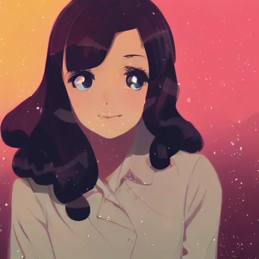 Image similar to portrait of a beautiful girl with dark hair dressed in 1940's style, looking up towards starry sky with tears running down cheek, nighttime city background, low-key neon lighting, 4k, HQ, official media, anime key visual, makoto shinkai, ilya kuvshinov, lois van baarle, rossdraws, detailed, trending on artstation