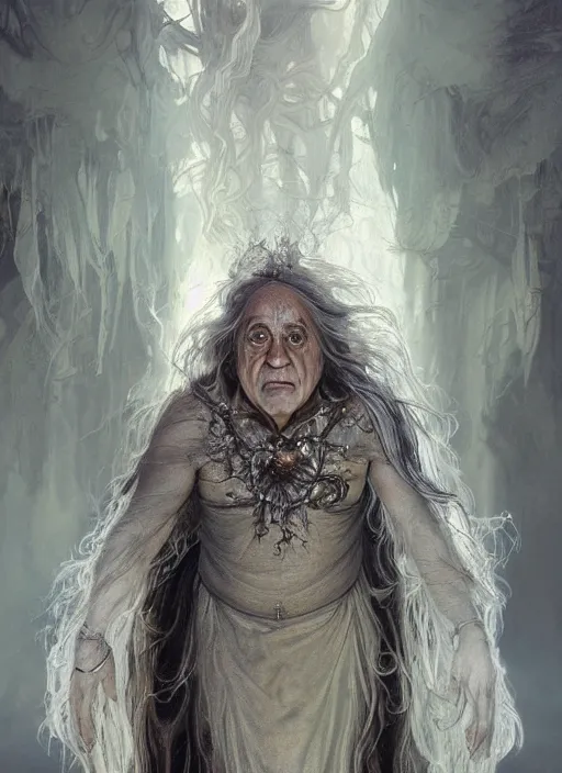 Image similar to Portrait of Danny DeVito, white glowing eyes, silver shaggy hair, cloak, ethereal wings, male, fantasy, extremely detailed, digital painting, artstation, concept art, smooth, sharp focus, illustration, stunning lighting, art by artgerm and greg rutkowski and alphonse mucha and simon stalenhag, realistic character concept, high fantasy, light atmosphere, golden ratio, cinematic lighting, hyperdetailed, high resolution, insanely detailed and intricate, artstation, Marc Simonetti, Greg Rutkowski, 8k