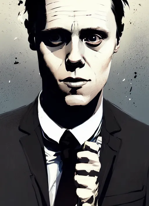 Image similar to highly detailed closeup portrait of martin wallstrom, tyrell wellick, wearing suit by atey ghailan, by greg rutkowski, by greg tocchini, by james gilleard, by joe fenton, by kaethe butcher, gradient blue, black and white color scheme, grunge aesthetic!!! ( ( graffiti tag wall background ) )