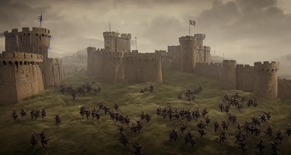 Image similar to ten medieval soldiers atop a castle wall looking over a vast medieval kingdom rule by an evil king. the soldier is ready for battle. it is a somber morning. death is close. prepare for battle. mist, epic, cinematic, volumetric lighting, symmetry, fantasy style, highly - detailed, unreal 5, realism