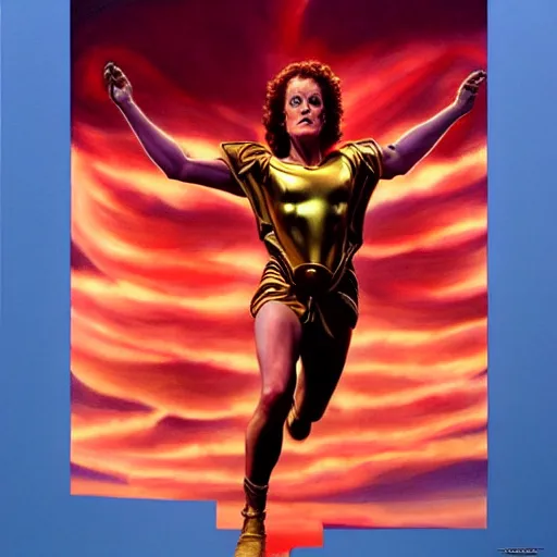Image similar to Sigourney weaver as goddess Athena, full body, Flying in a Red clouded Sky, by Alex Ross, atmospheric lighting, painted, intricate, golden hour, ultra detailed