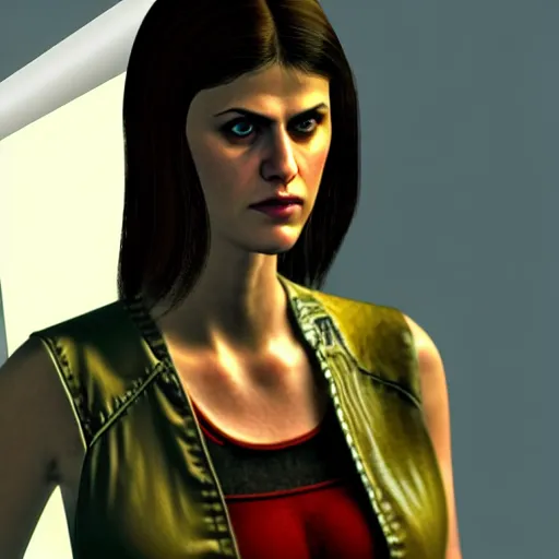 Prompt: a screenshot of alexandra daddario in the video game fallout new vegas. 3 d rendering. unreal engine. amazing likeness. very detailed. cartoon caricature