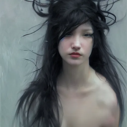 Image similar to yanjun cheng portrait of a beautiful dark fae woman, with black lips, gray mottled skin, black feathers instead of hair, feathers growing out of skin, modestly clothed, intricate, detailed, symmetric face, by wlop and karol bak and bouguereau and viktoria gavrilenko