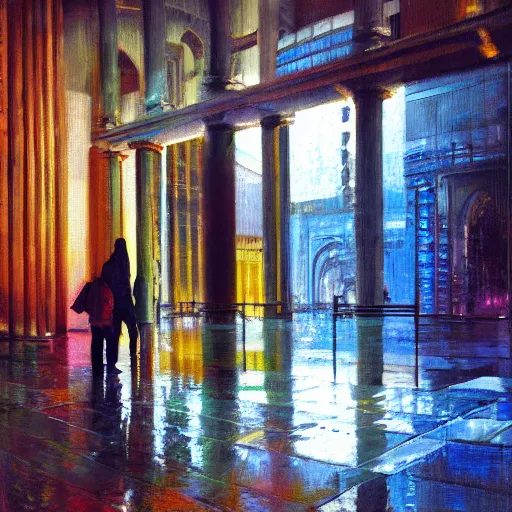 Image similar to scene, moment, beautiful woman, courtyard, capital, cybermosque interior, control panel, watcher, omniscient, tech noir, wet reflections, impressionism, matte painting, speed painting, chiaroscuro, oil on canvas