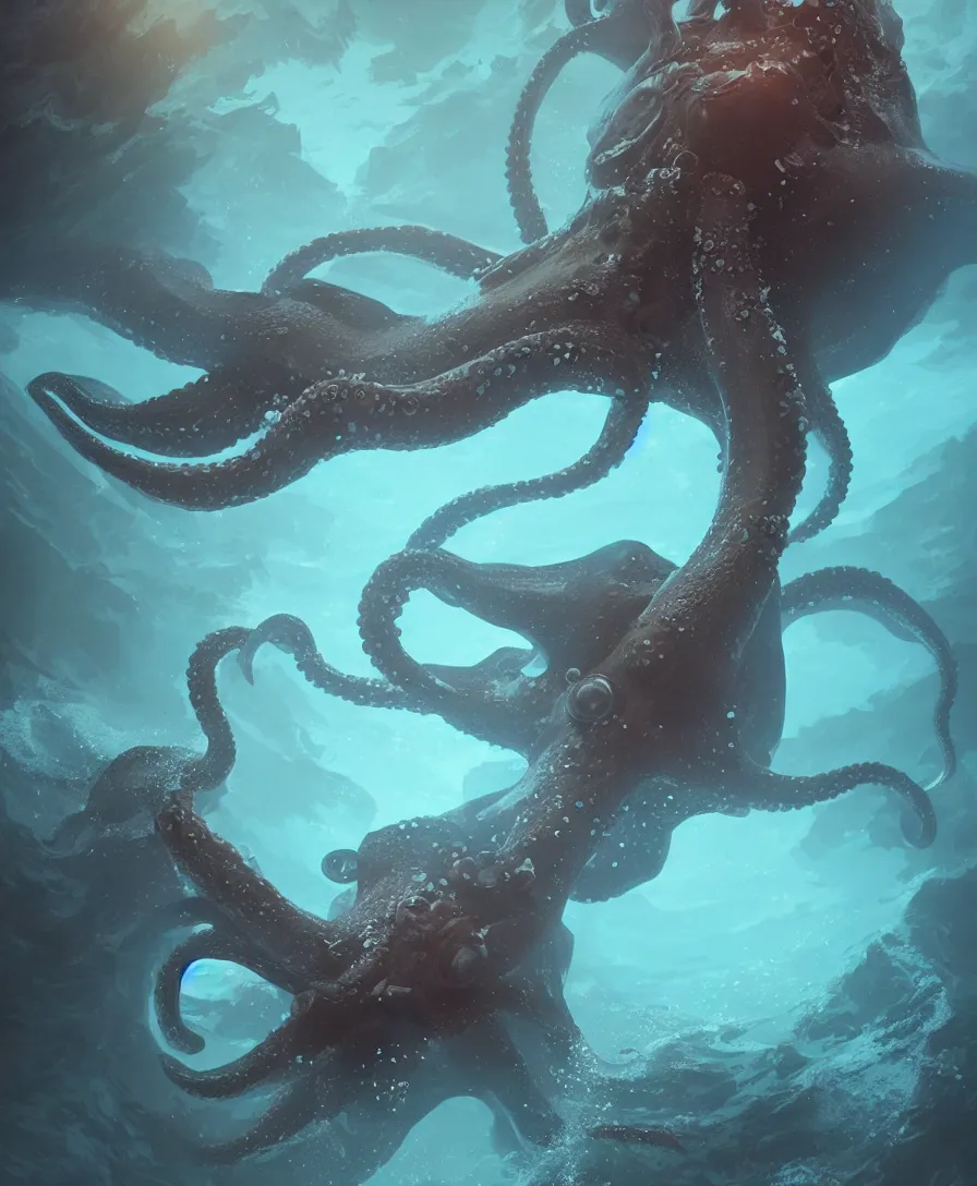 Image similar to hyper realistic giant octopus grabbing a small submarine underwater, illustrated by greg rutkowski, beautiful volumetric lighting, intricate, ultra detailed, photorealistic, trending on artstation, octane render, 8 k