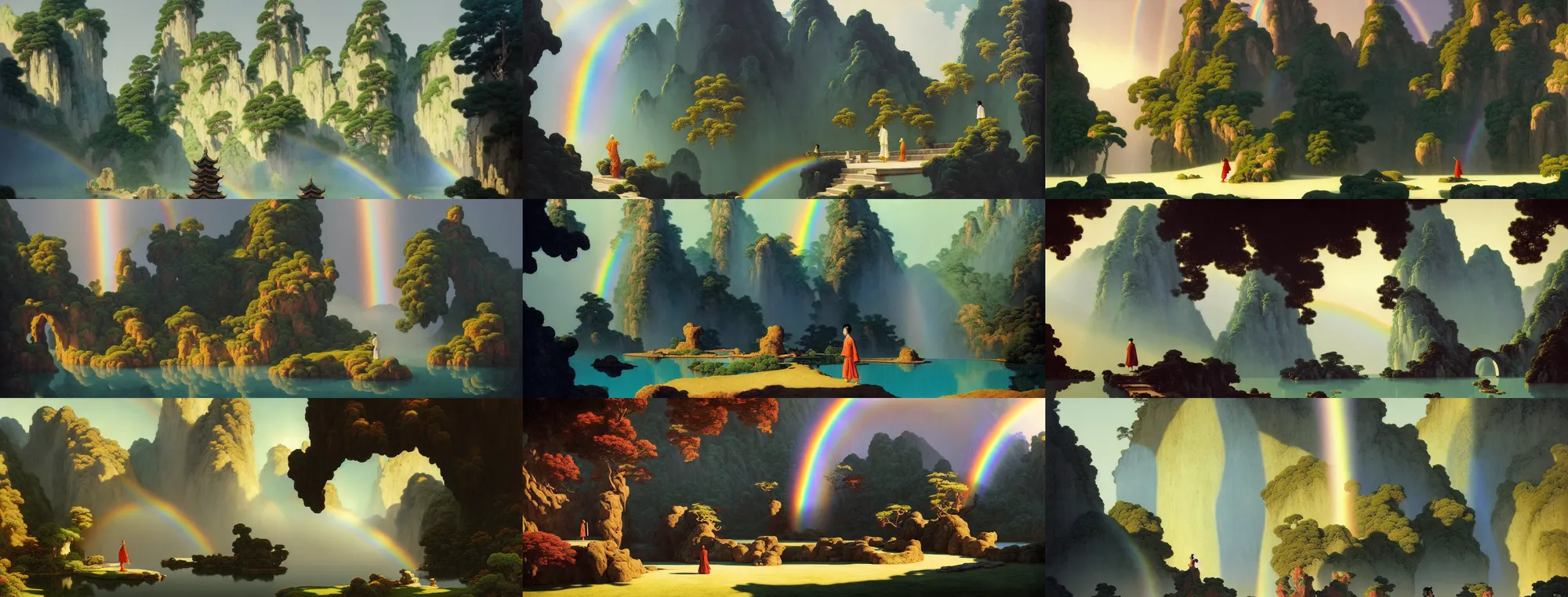 Image similar to a gorgeous landscape painting by barlowe wayne, maxfield parrish and marco mazzoni. chinese temple. sunny morning. a lonely chinese wuxia walks on the winding stone steps, stone gate to the dark cave, 3 d, octane render, turbulent lake, waterfall. fog, just one rainbow. 8 k.