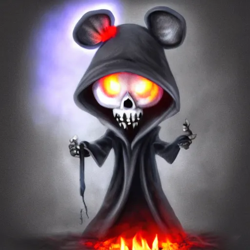 Image similar to photo of an anthropomorphic rat, ghostly anthropomorphic rat with skull face and glowing red eyes wearing black tattered robes and holding two blue flames, grim reaper except a rat, photorealistic, artstation