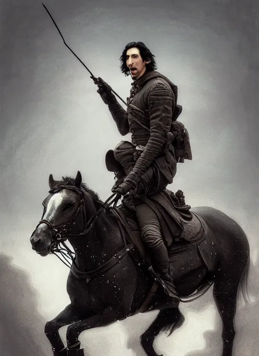 Prompt: painting of john oliver and adam driver together, riding horse, stoic, full body, military uniform, fantasy, intricate, elegant, beautiful, highly detailed, charcoal, centered, dark, smokey, digital painting, artstation, concept art, smooth, sharp focus, illustration, art by artgerm and greg rutkowski and alphonse mucha
