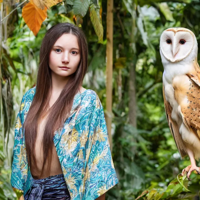 Prompt: portrait photograph of an extremely beautiful!!!! young female , symmetric face!, symmetric round detailed eyes!!, slight smile, natural light, wearing a yellow kimono!! with a very detailed barn owl! on her shoulder in a tropical greenhouse. looking at the camera!!. golden crown made of golden leaves. super resolution. Extremely detailed. Graflex camera!, bokeh!!!!!. fashion editorial!!
