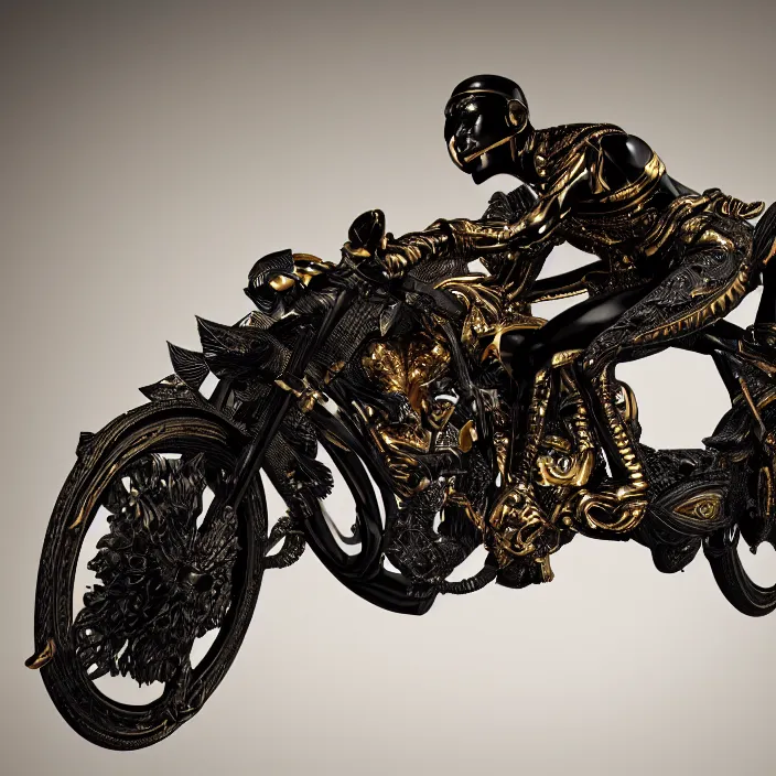 Image similar to fine art statue of black egyptian man on a surrealist motorbike motorcycle, ebony art deco, carved black marble, inlaid with ebony and gold accents, ebony rococo, wings black lace wear, spider zero, zaha hadid, beautifully lit, hyper detailed, octane render, intricate, elite, ornate, photorealistic, micro details, 3 d sculpture, ray trace