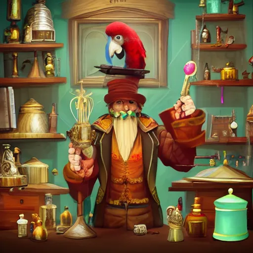 Prompt: Anthropomorphized parrot trader in his shop, portrait, items, weapons, magic potions, trinkets, carpet, lamps, window, fancy hat, sly expression, cunning expression, cute expression, long thick shiny black beak, D&D, fantasy, cinematic lighting, highly detailed, digital painting, artstation, concept art, smooth, sharp focus, illustration, warm light, cozy warm tint, magic the gathering artwork, volumetric lighting, 8k, art by Greg Rutkowski