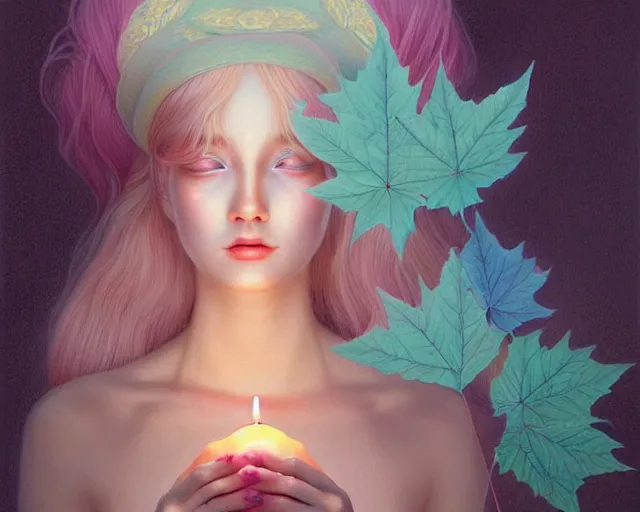 Image similar to highly detailed pastel colors painting of an symmetric ethereal witch with a candle, morphing into autumn leaves, by artgerm and hsiao - ron cheng, smooth composition, fine patterns and detail