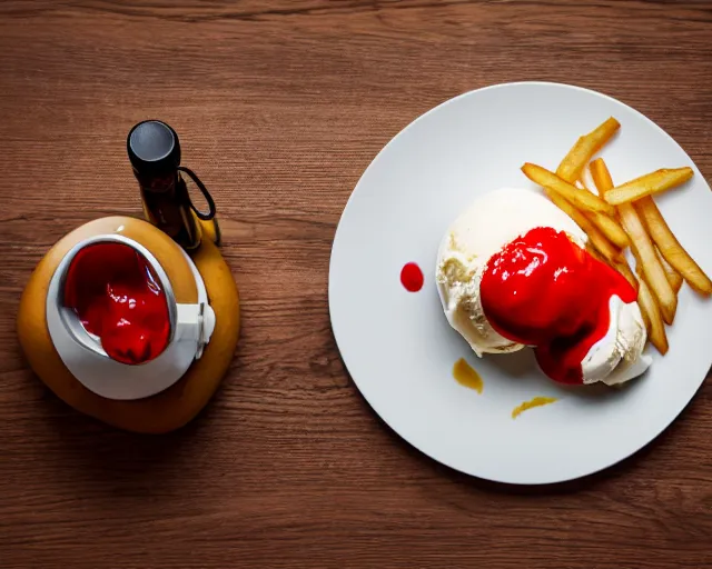 Image similar to dslr food photograph of vanilla ice cream with ketchup on, a leaf of oregano on the ice cream, french fries on the side, a bottle of ketchup, bokeh, 8 5 mm f 1. 4