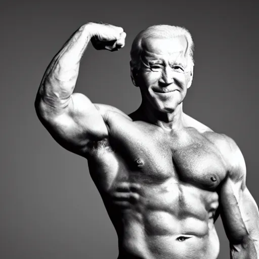Prompt: Joe Biden with Laser Eyes, body builder, Muscular, Shirtless, Dynamic pose, Flexing, Full body portrait, 4k greyscale hd photography