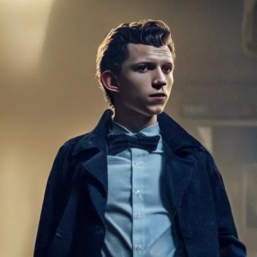 Image similar to tom holland as a rough dirty old man with a scruffy beard in a dark blue trenchcoat as the new doctor who, cinematic, volumetric lighting, f 8 aperture, cinematic eastman 5 3 8 4 film, photorealistic