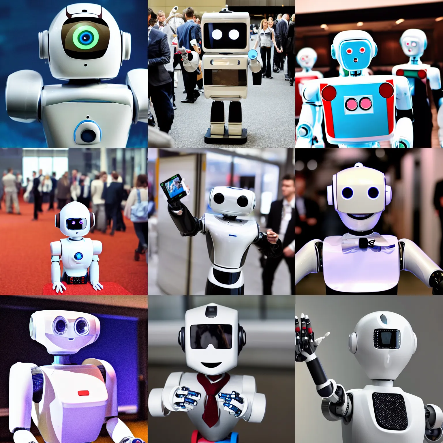 Prompt: < photo attention - grabbing magazine - cover > robot wearing tie excited to meet other robots at a conference < photo >